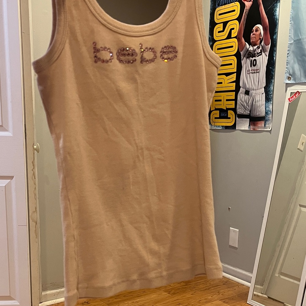 Bebe Beige Sleeveless Top with Sequin Logo